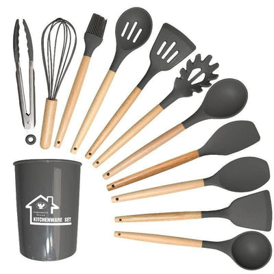 Premium 11-Piece Silicone Kitchen Utensil Set with Wooden Handles & Holder – Heat Resistant, Non-Stick Cooking Tools