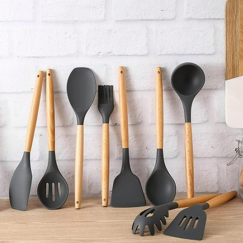 Premium 11-Piece Silicone Kitchen Utensil Set with Wooden Handles & Holder – Heat Resistant, Non-Stick Cooking Tools