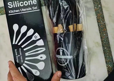 Premium 11-Piece Silicone Kitchen Utensil Set with Wooden Handles & Holder – Heat Resistant, Non-Stick Cooking Tools