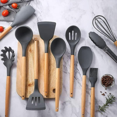 Premium 11-Piece Silicone Kitchen Utensil Set with Wooden Handles & Holder – Heat Resistant, Non-Stick Cooking Tools