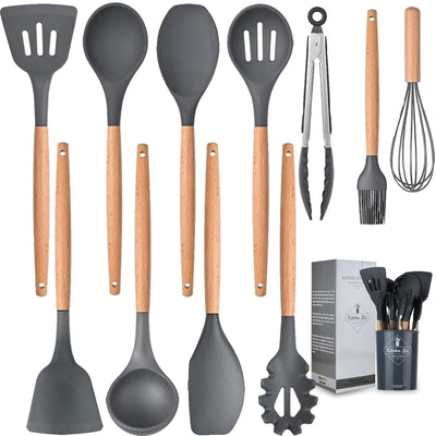 Premium 11-Piece Silicone Kitchen Utensil Set with Wooden Handles & Holder – Heat Resistant, Non-Stick Cooking Tools