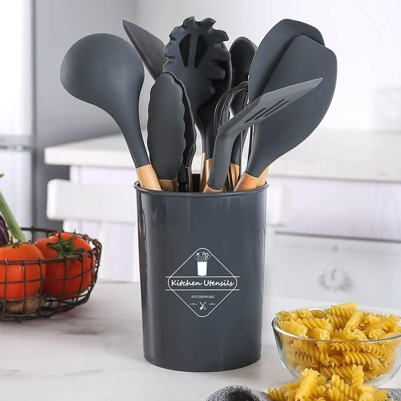 Premium 11-Piece Silicone Kitchen Utensil Set with Wooden Handles & Holder – Heat Resistant, Non-Stick Cooking Tools